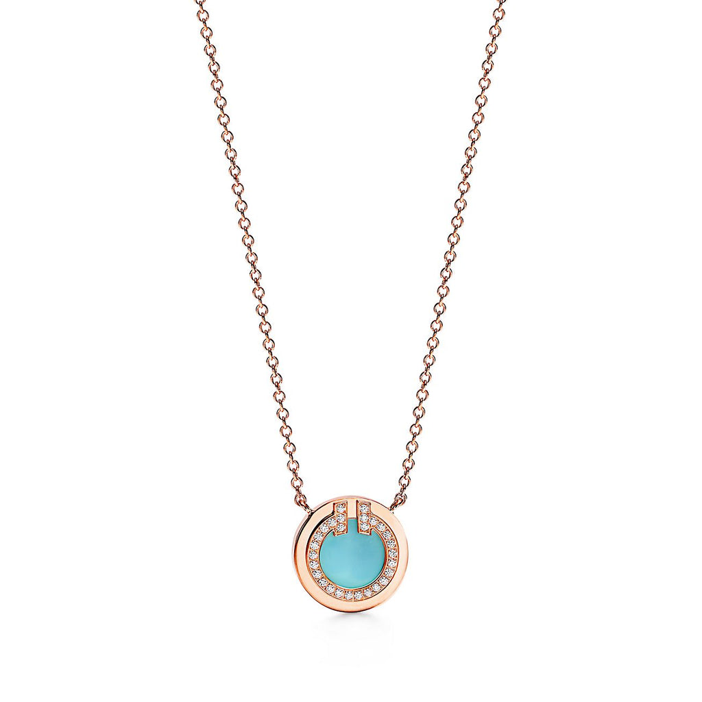 18K T Diamond & Turquoise Circle Pendant Necklace